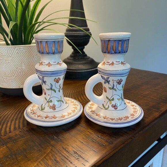 Lis Ceramica set of 2 hand painted floral ceramic candlestick holders Brazil - Picture 3 of 9